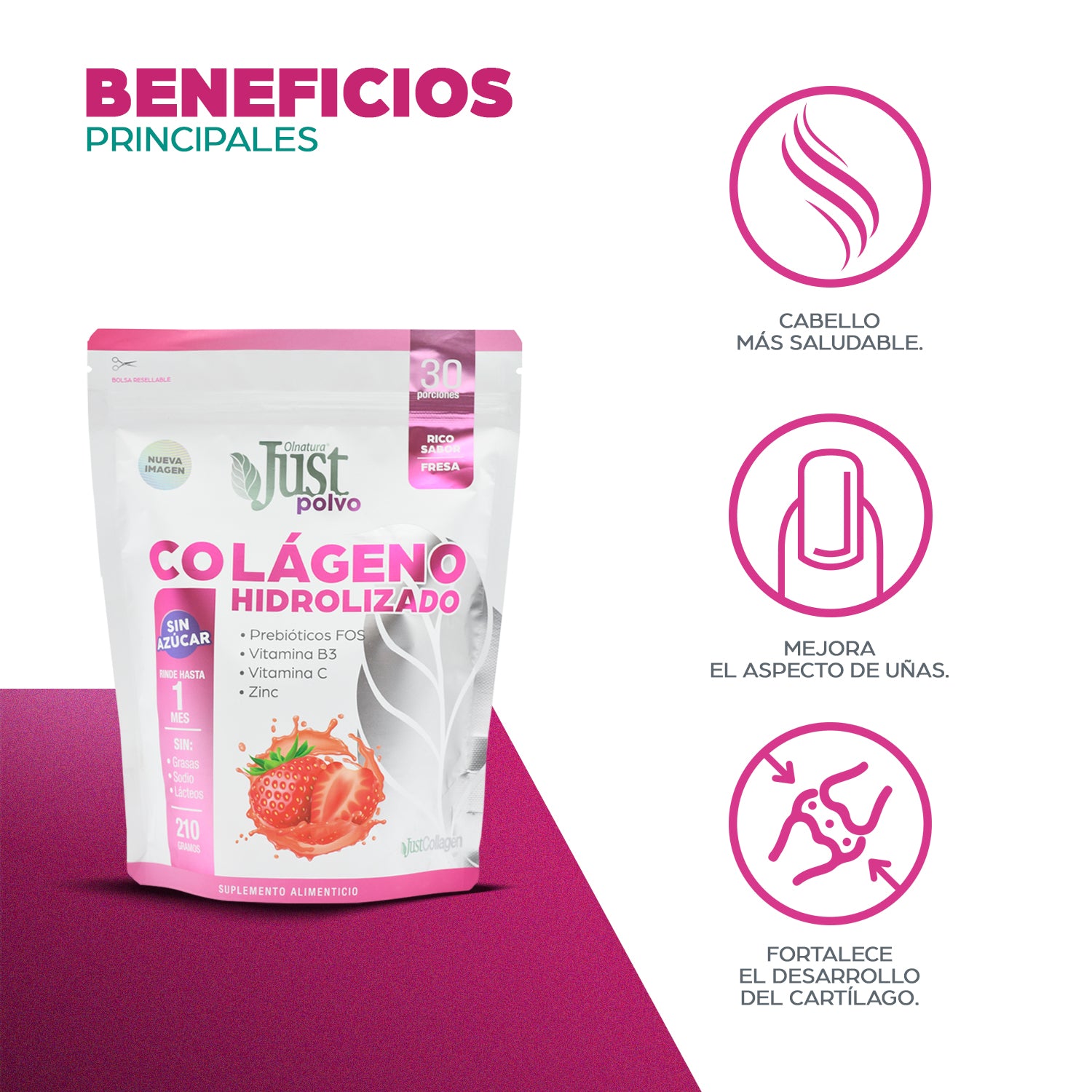 JustCollagen Polvo 210 gr de Colágeno Hidrolizado + Prebióticos FOS + Vitamina B3, C y Zinc (Sin Azúcar) OUTLET-Suplemento-Olnatura Just