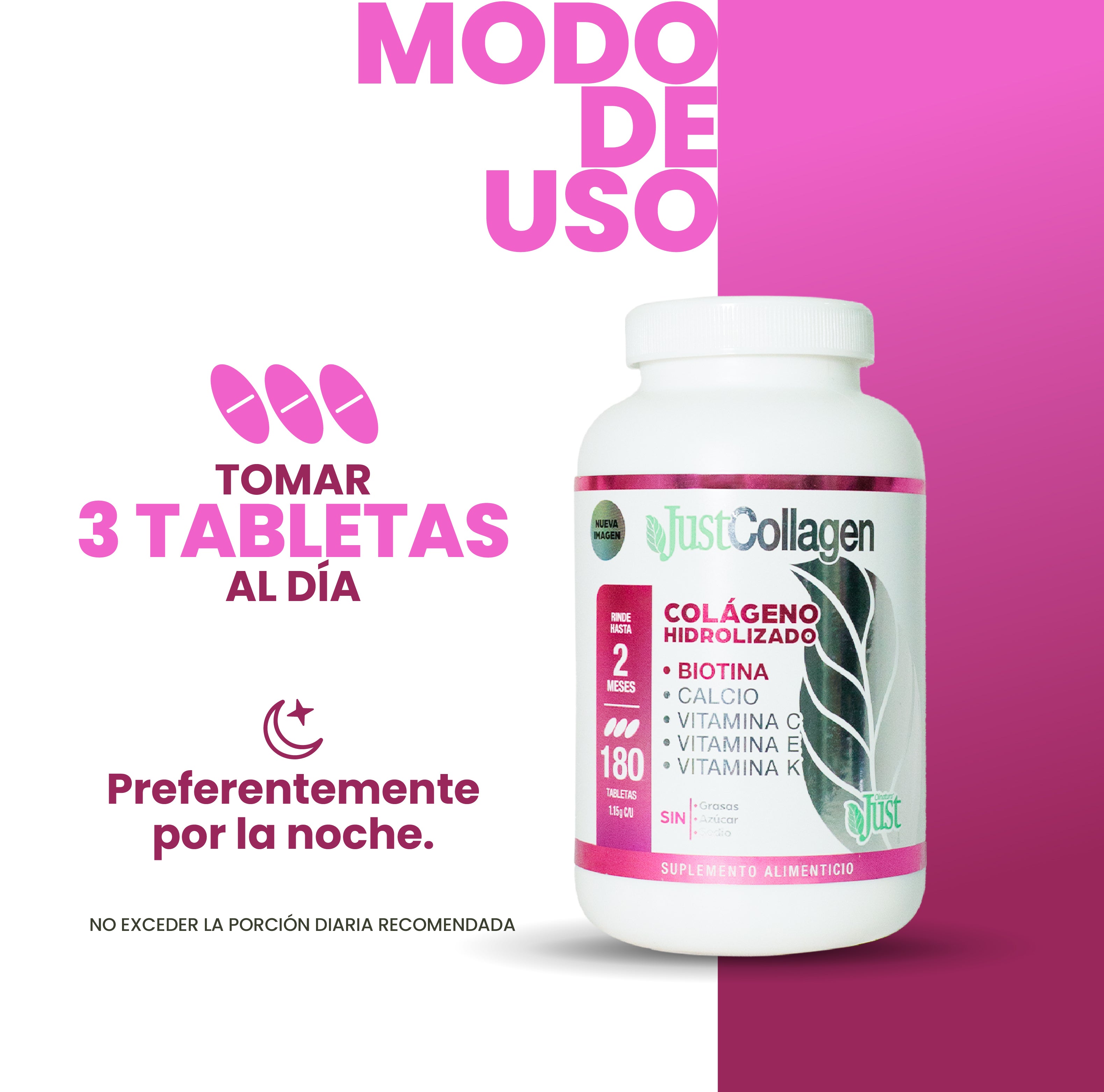 Colágeno Hidrolizado + Biotina - JustCollagen 180 Tabletas 1800 mg
