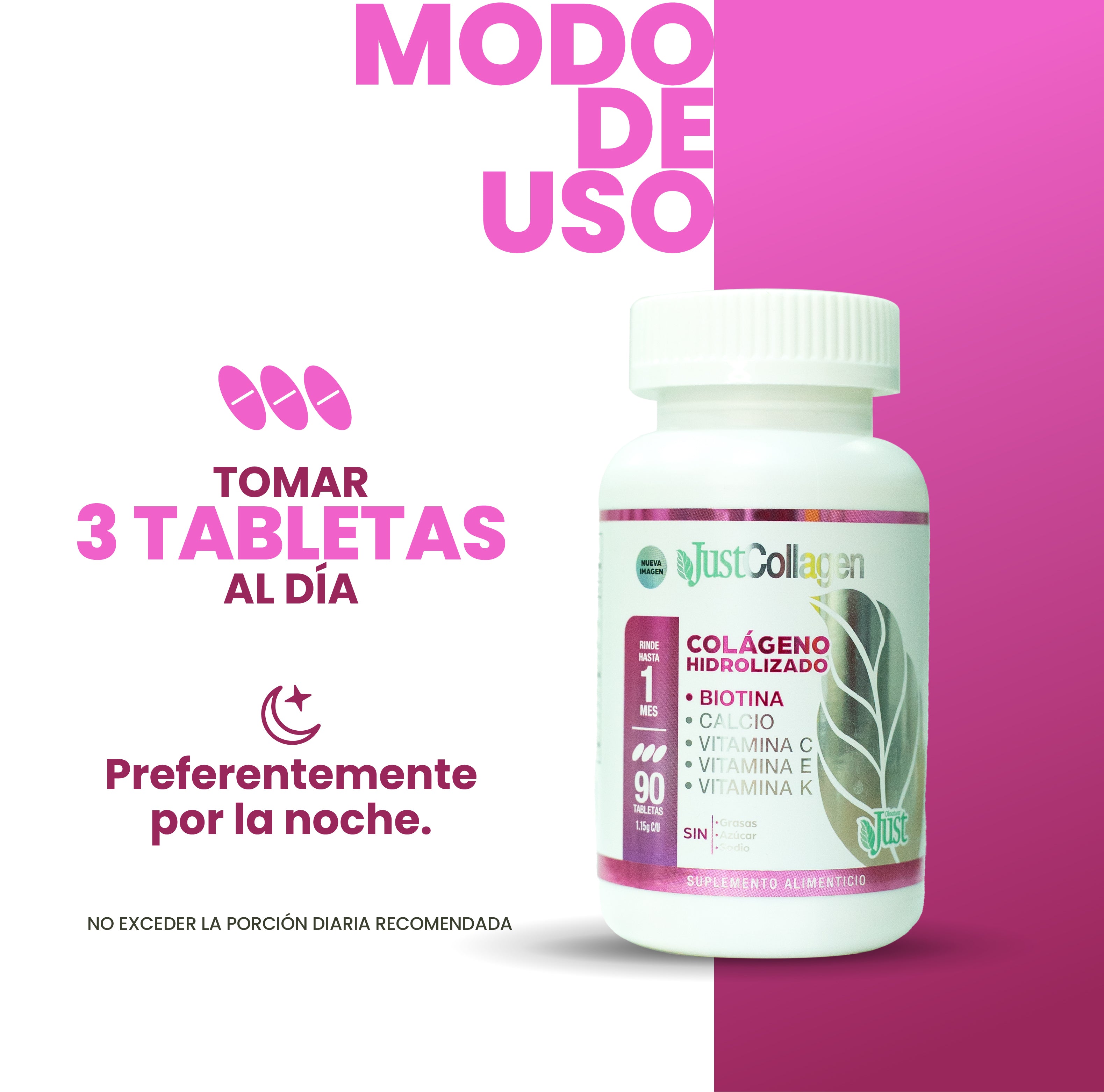 Colágeno Hidrolizado + Biotina - JustCollagen 90 Tabletas 1800 mg