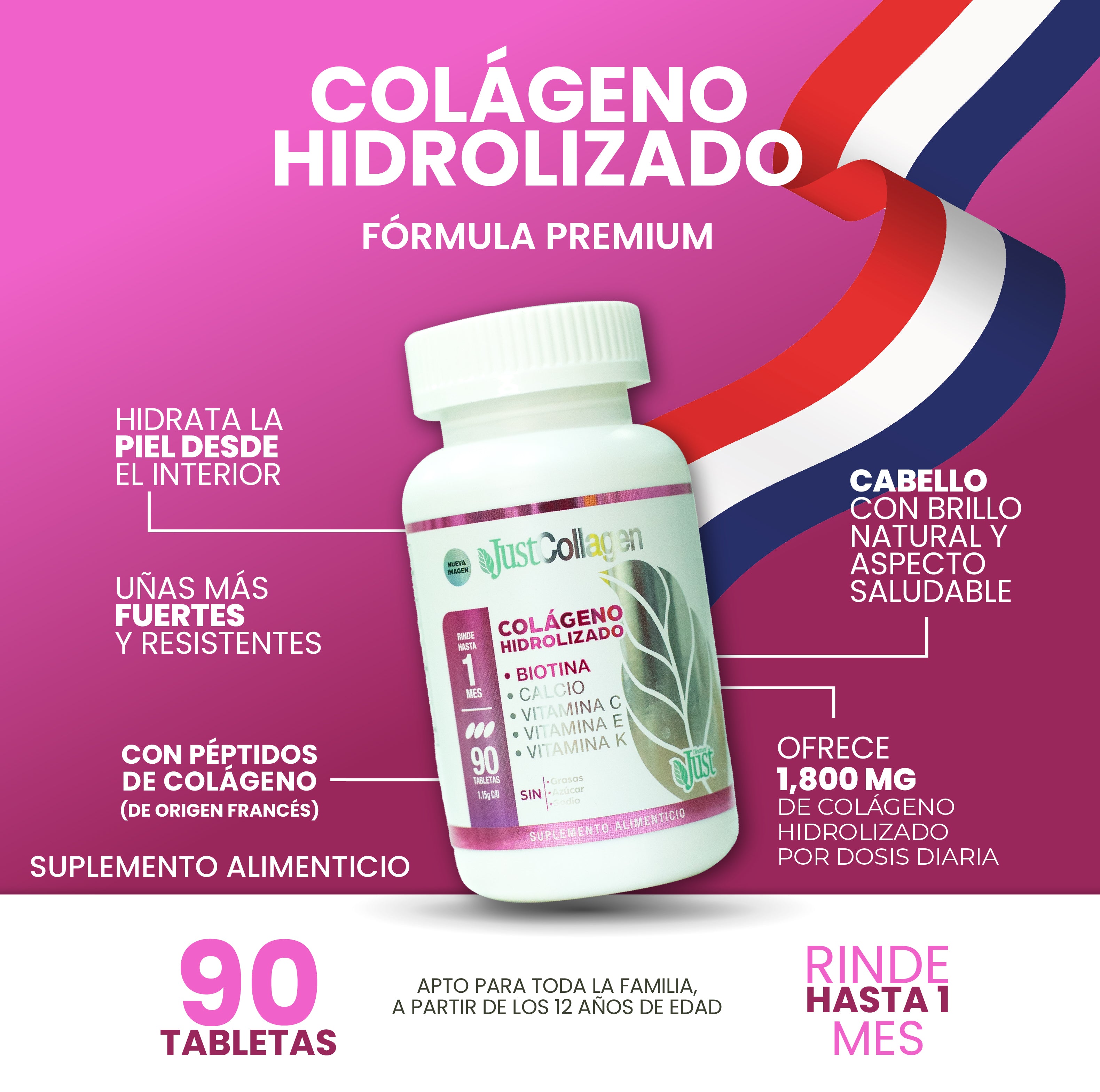 Colágeno Hidrolizado + Biotina - JustCollagen 90 Tabletas 1800 mg