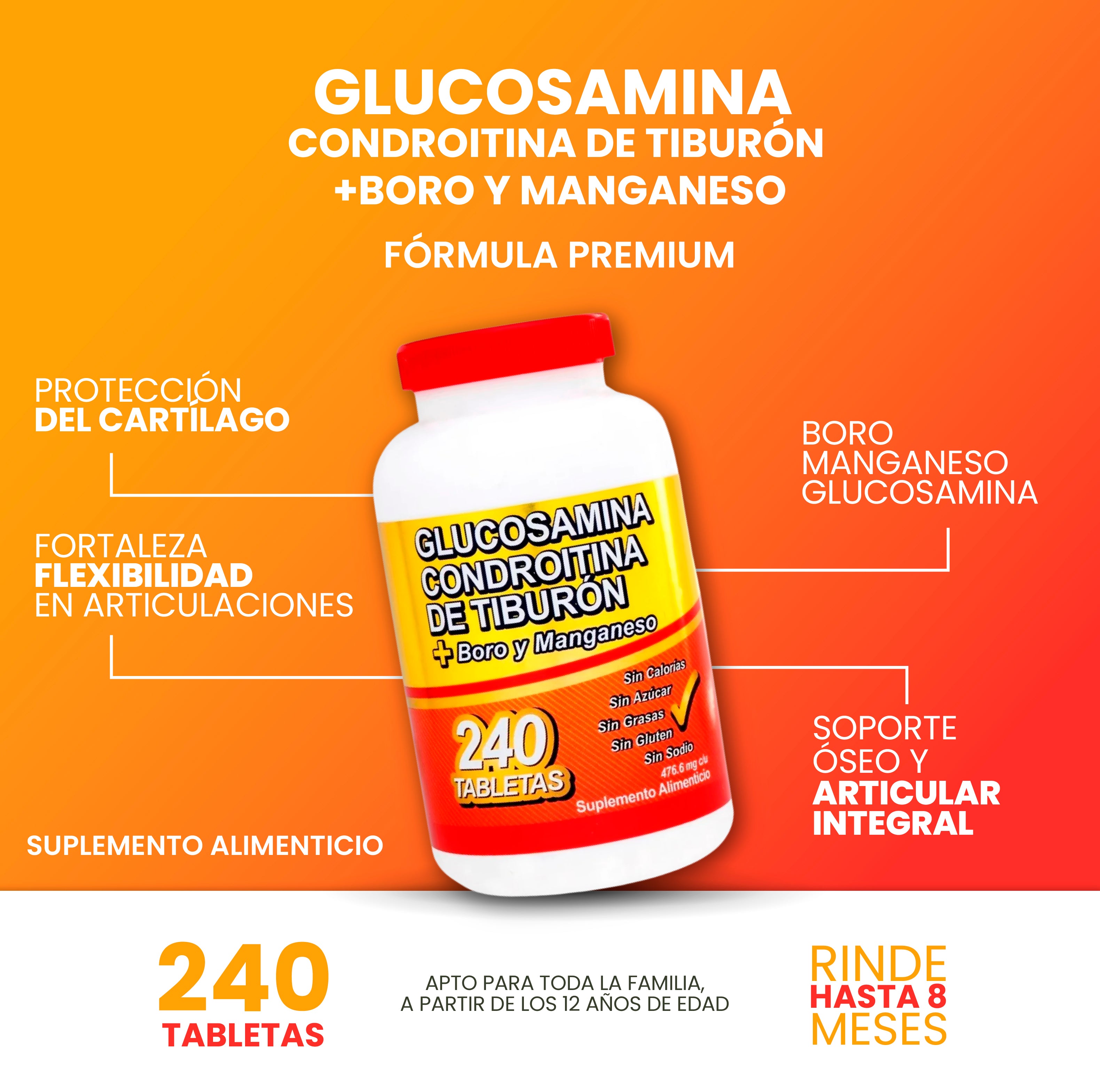Glucosamina Condroitina de Tiburón + Boro y Manganeso 240 Tabletas