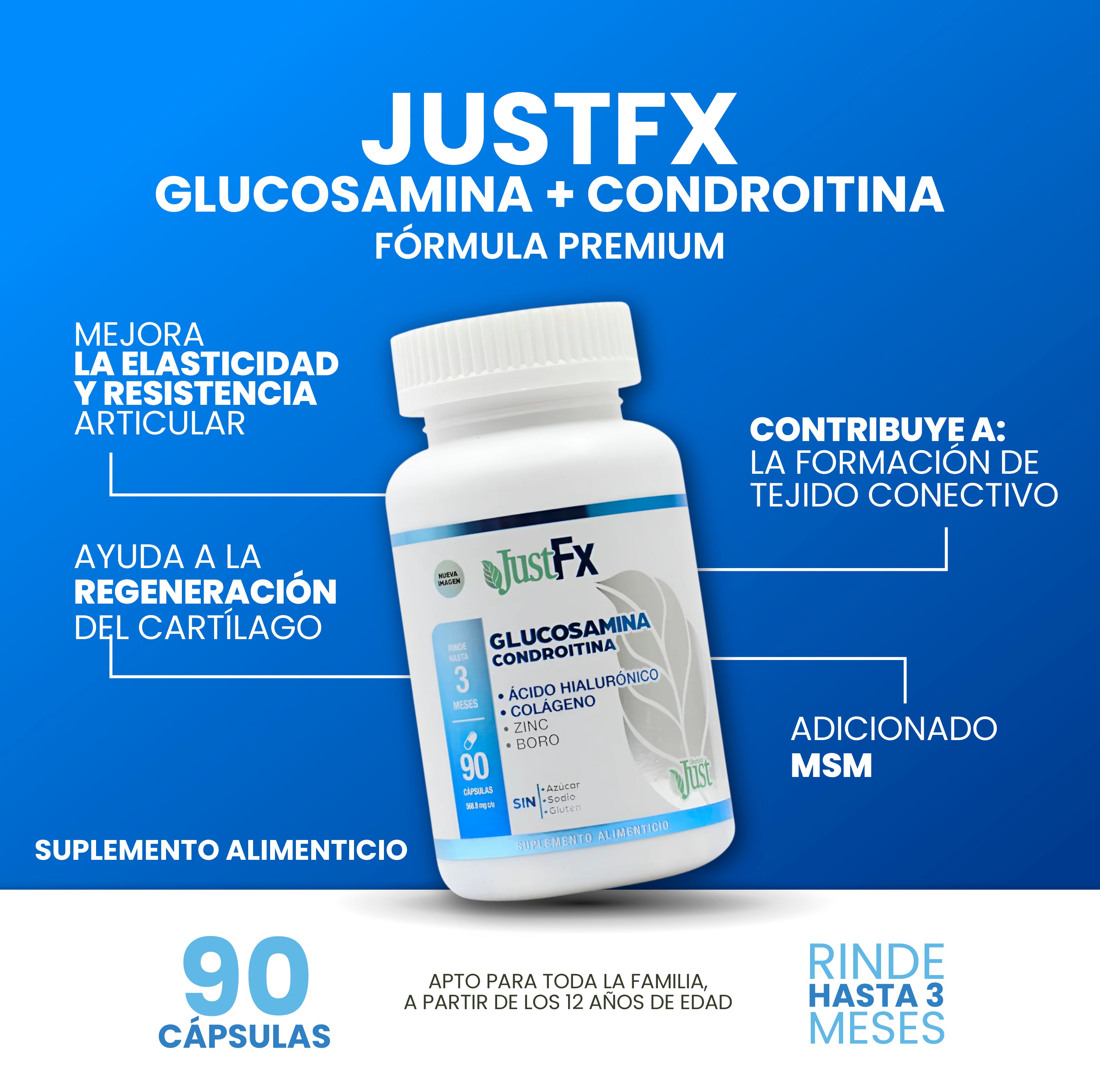 Glucosamina Condroitina JustFx + Colágeno y Zinc 90 Cápsulas