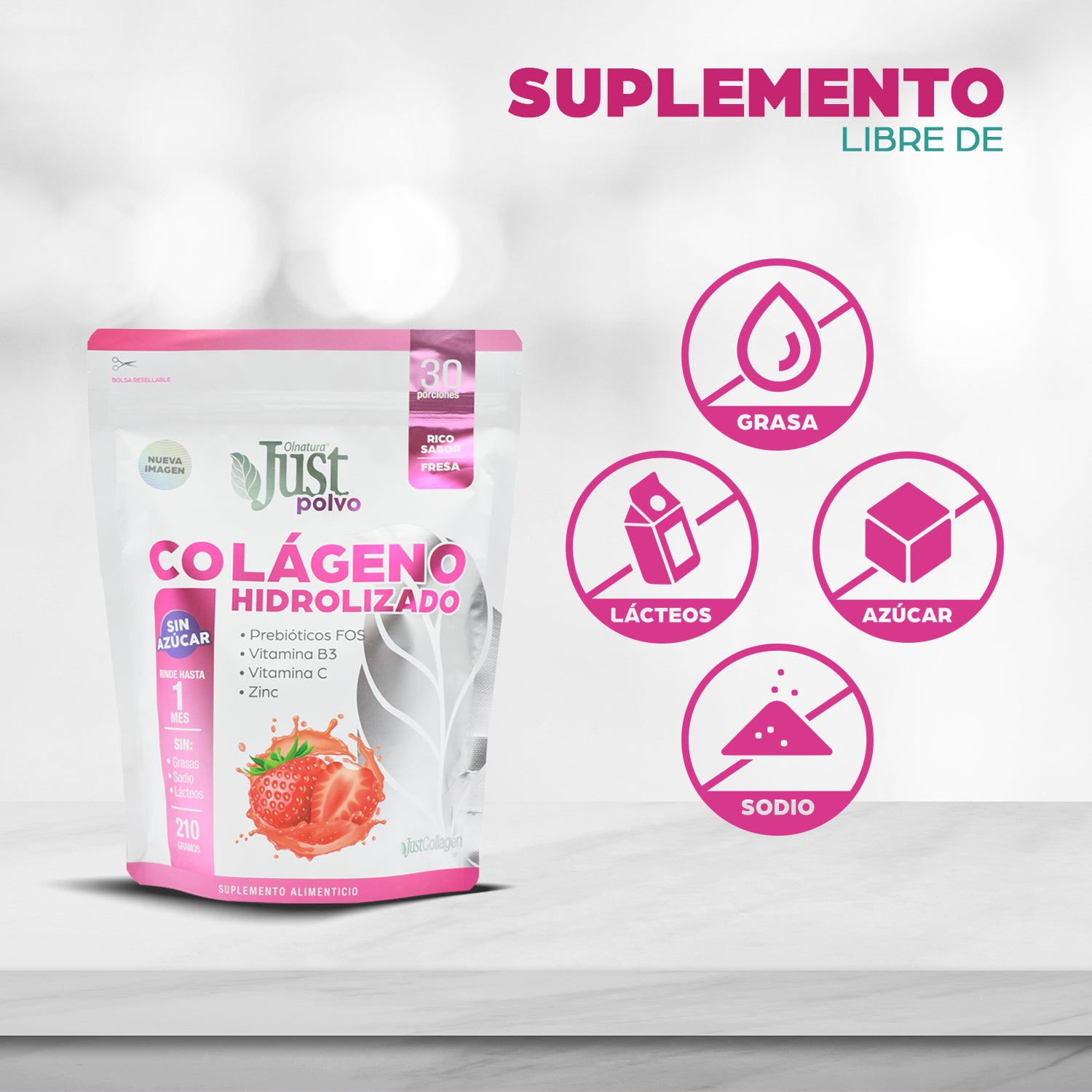 JustCollagen Polvo 210 gr de Colágeno Hidrolizado + Prebióticos FOS + Vitamina B3, C y Zinc (Sin Azúcar) OUTLET-Suplemento-Olnatura Just