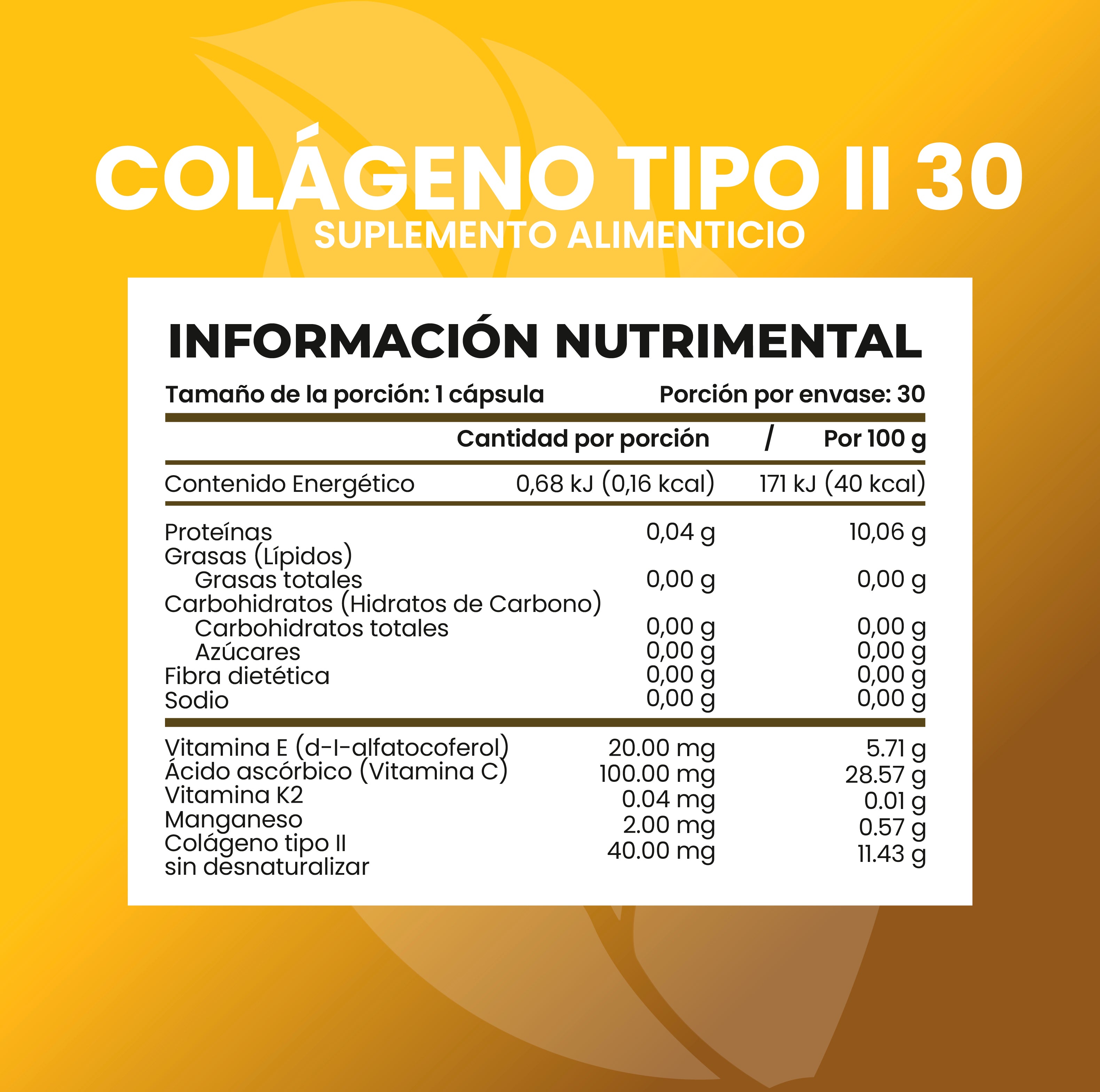Colágeno Tipo 2 + Vitamina E y Manganeso 30 Cápsulas