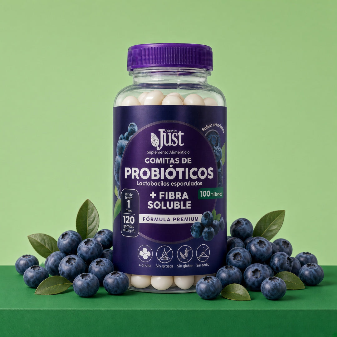 120 Gomitas Probióticos + Fibra Soluble Sabor Arándano
