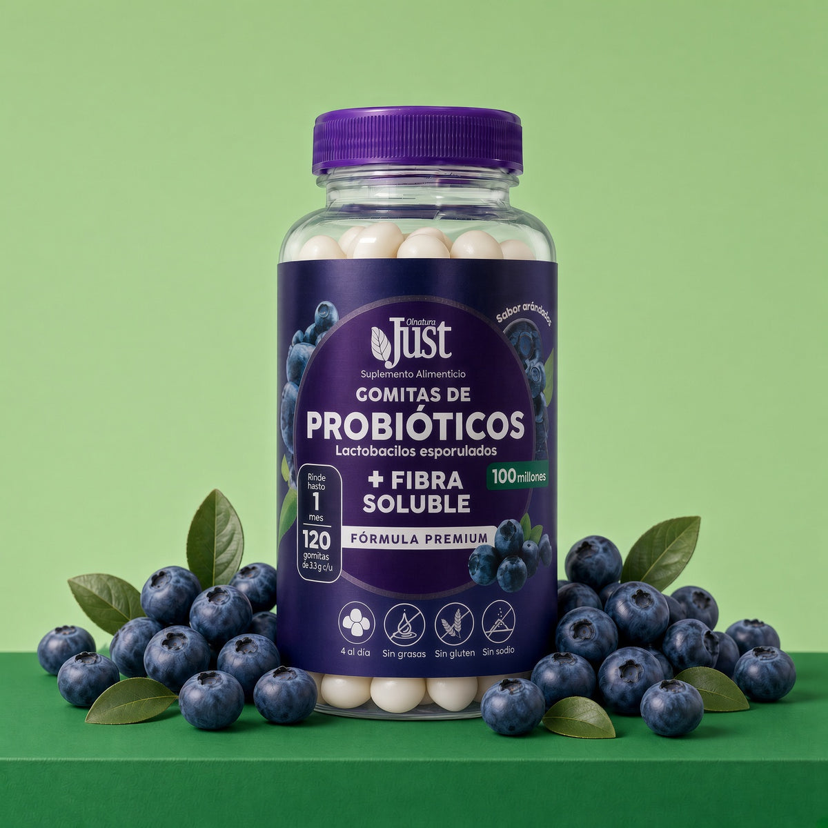 120 Gomitas Probióticos + Fibra Soluble Sabor Arándano
