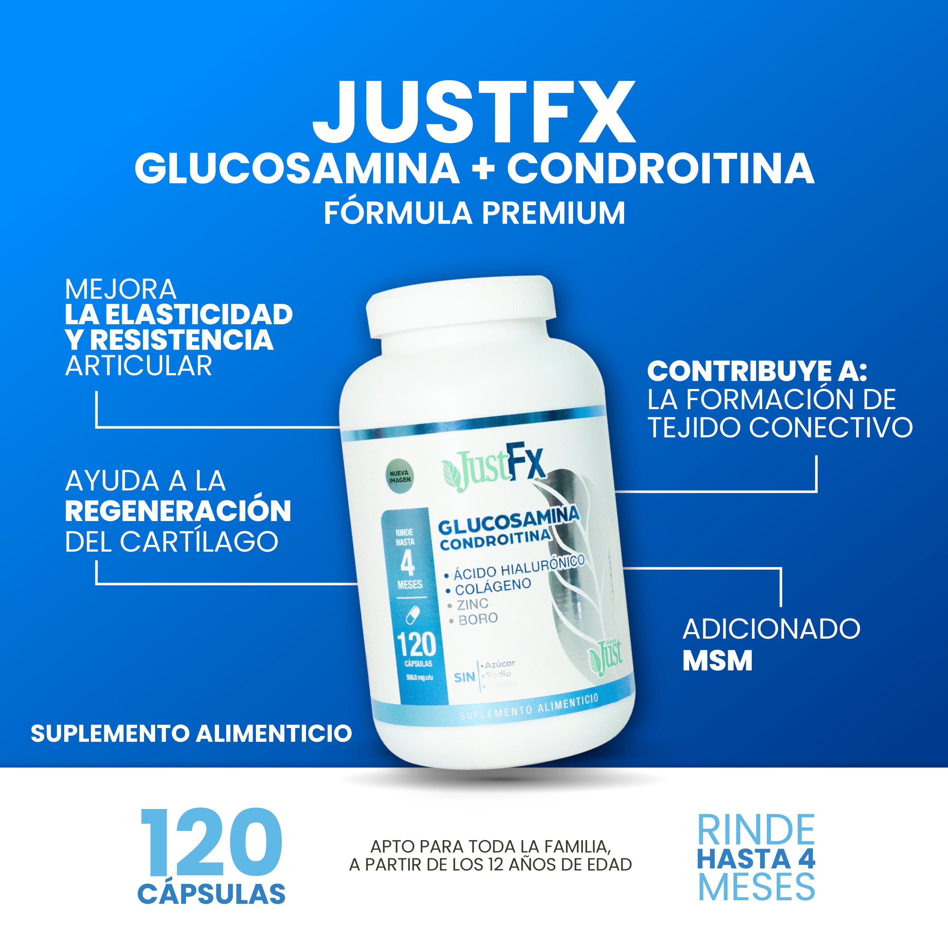 Glucosamina Condroitina JustFx + Colágeno y Zinc 120 Cápsulas