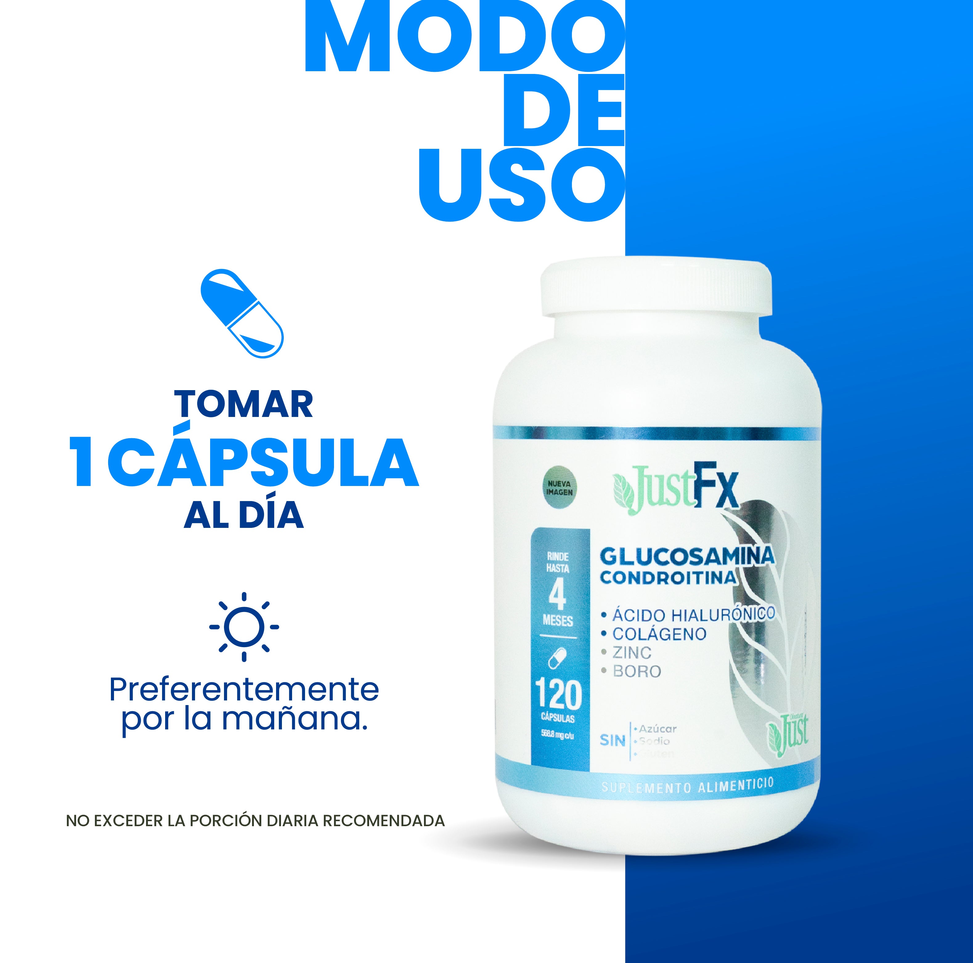 Glucosamina Condroitina JustFx + Colágeno y Zinc 120 Cápsulas