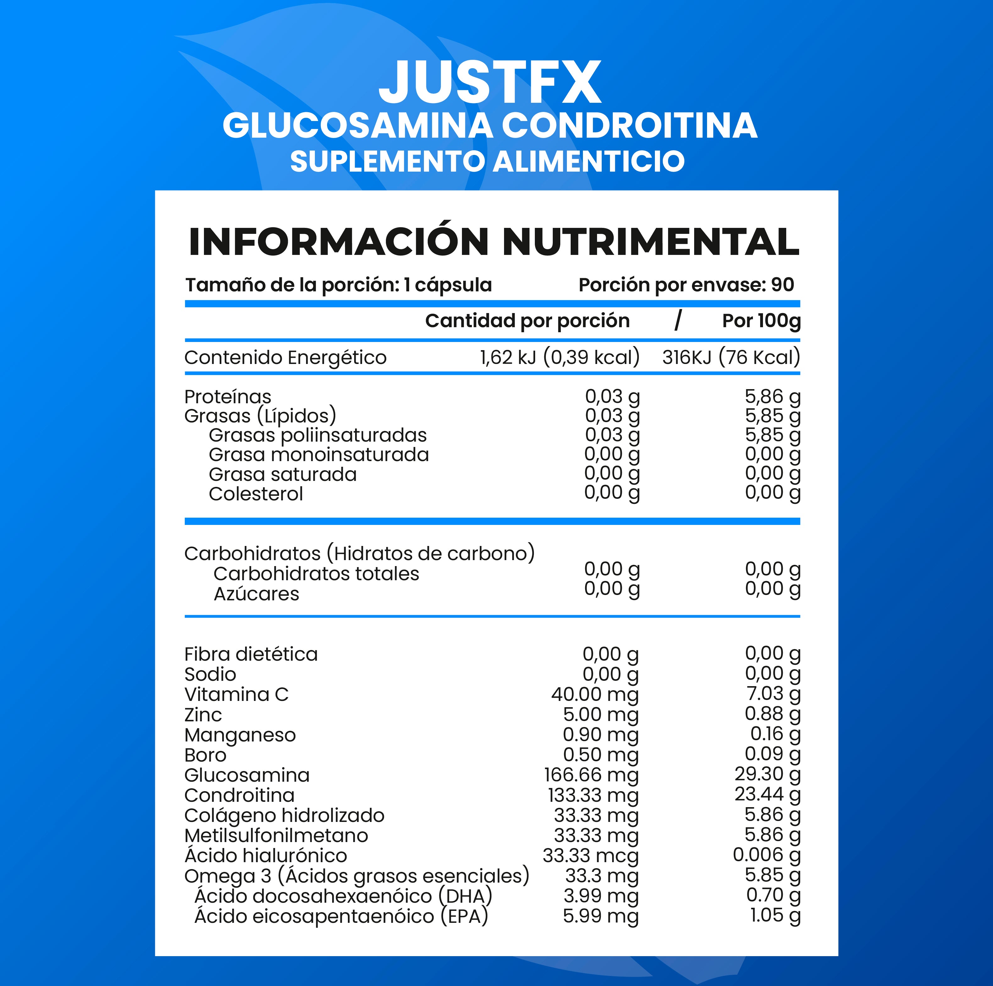 Glucosamina Condroitina JustFx + Colágeno y Zinc 90 Cápsulas