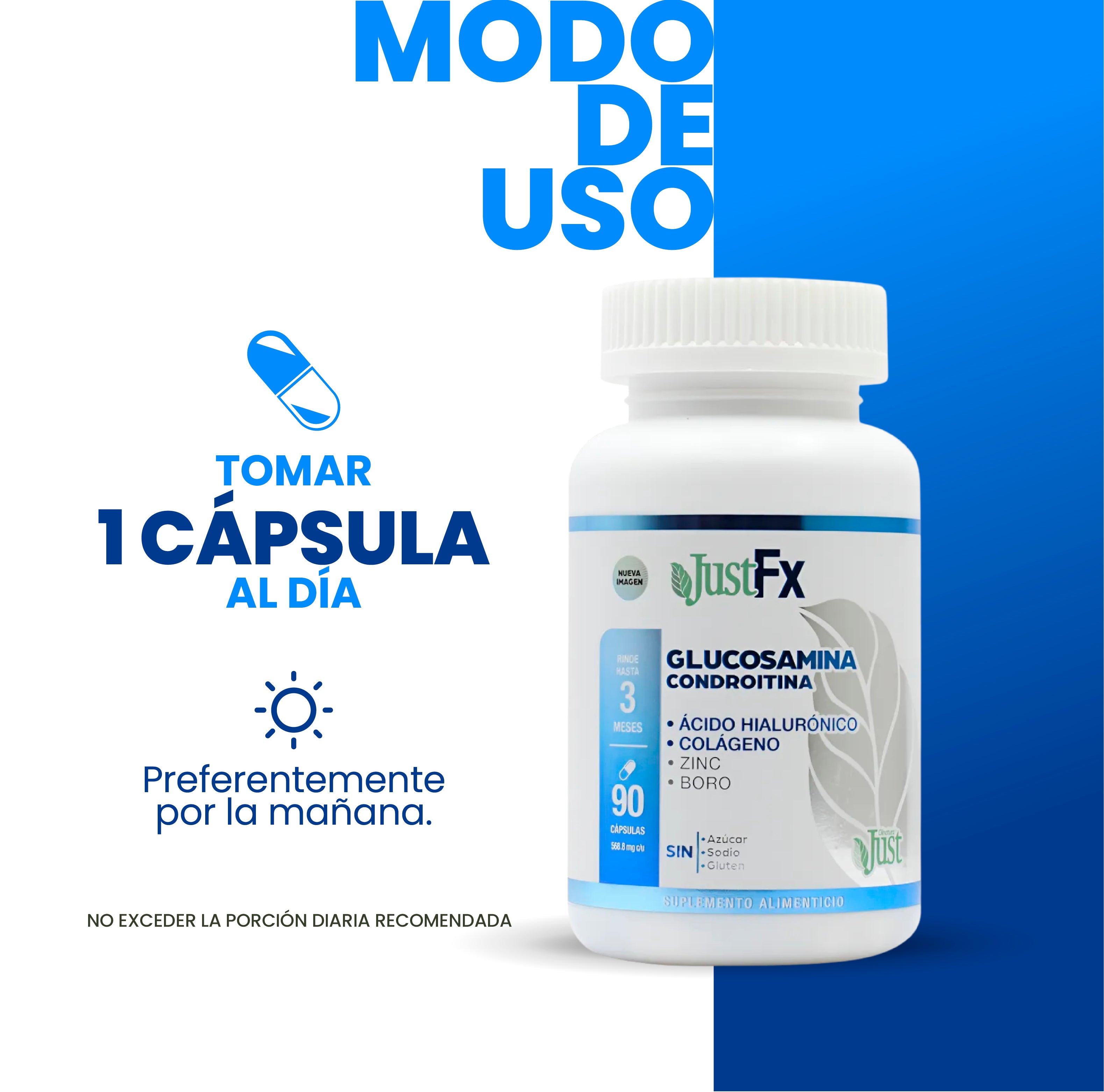 Glucosamina Condroitina JustFx + Colágeno y Zinc 90 Cápsulas