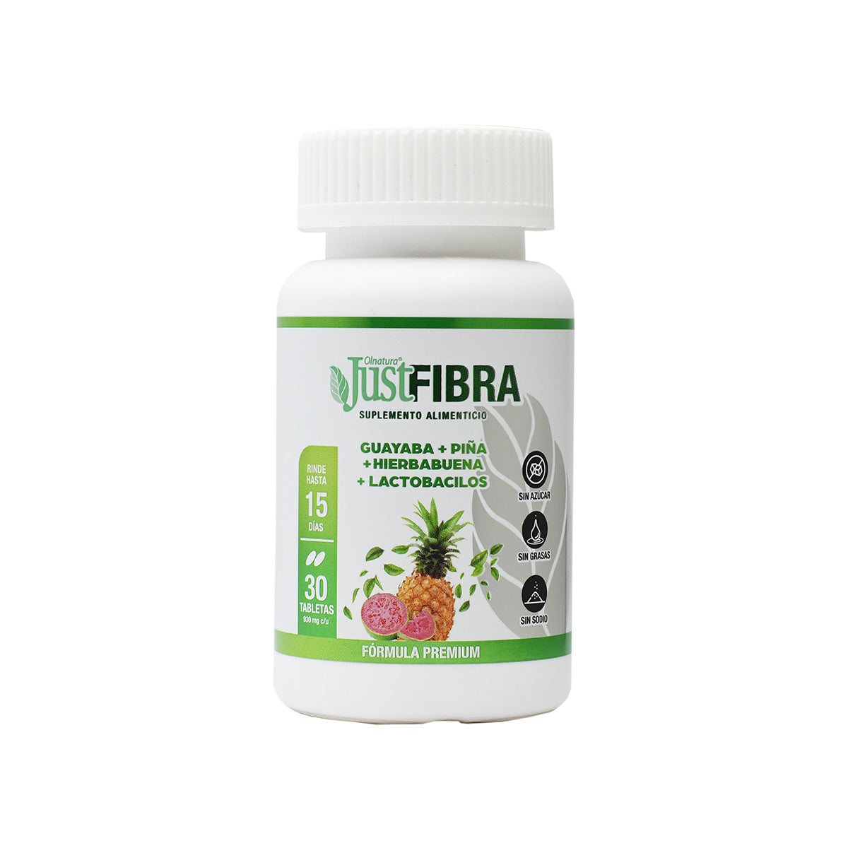 JustFibra, tabletas de fibra naturista de guayaba, piña y hierbabuena 
