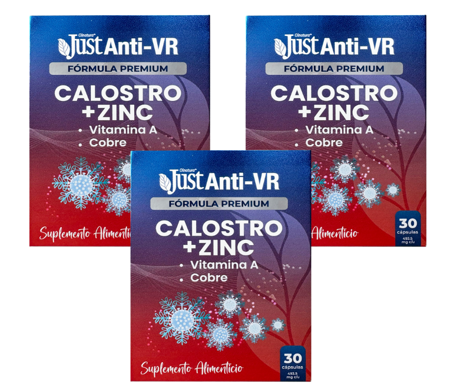 Suplemento Premium Just Anti-VR Calostro + Zinc, Vitamina A y cobre, Refuerza Tu Sistema Inmune, 3 cajas con 30 Cápsulas, Sin Azúcar Ni Sodio.