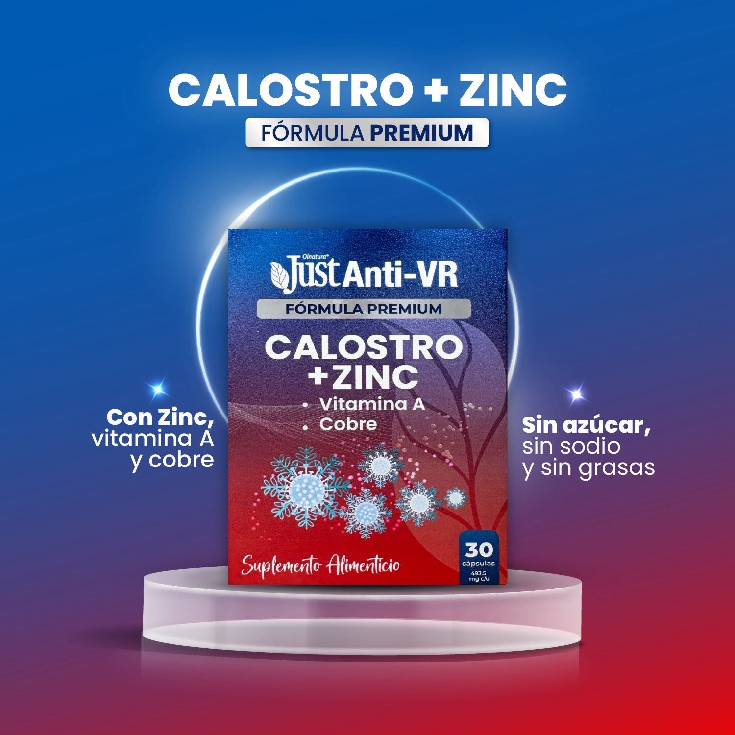 Suplemento Premium Just Anti-VR Calostro + Zinc, Vitamina A y cobre, Refuerza Tu Sistema Inmune, 3 cajas con 30 Cápsulas, Sin Azúcar Ni Sodio.